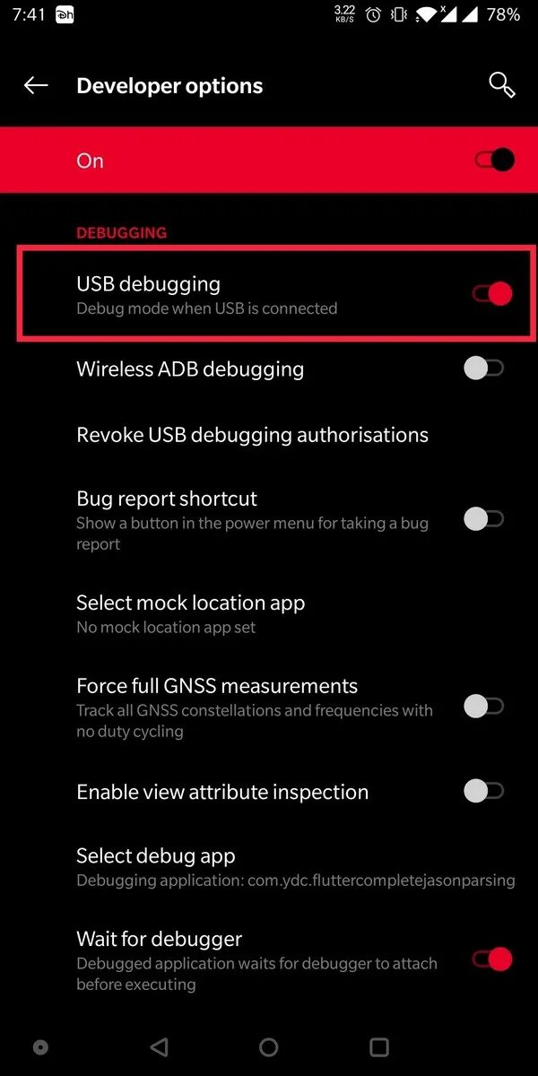 USB Debugging toggle enabled in Android Developer Options