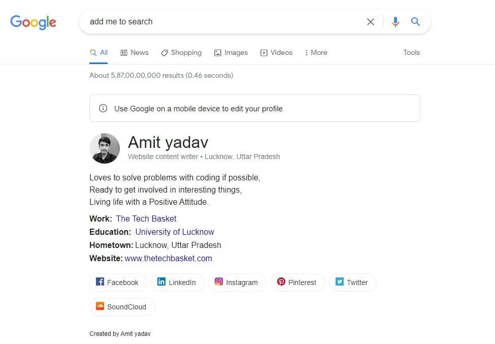 Google search results showing the created people card with profile information