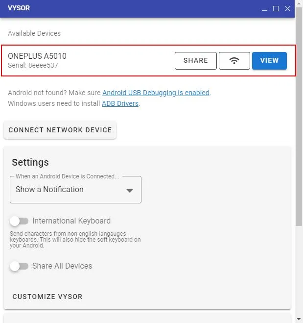 Vysor app window showing a connected Android device