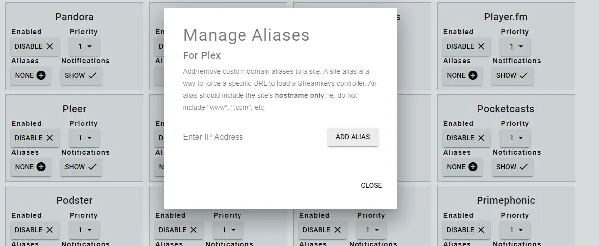 Adding a custom website alias in Streamkeys settings