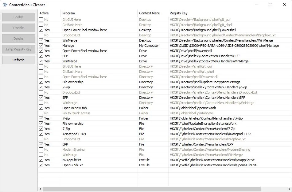 Context Menu Cleaner window listing enabled and disabled menu items