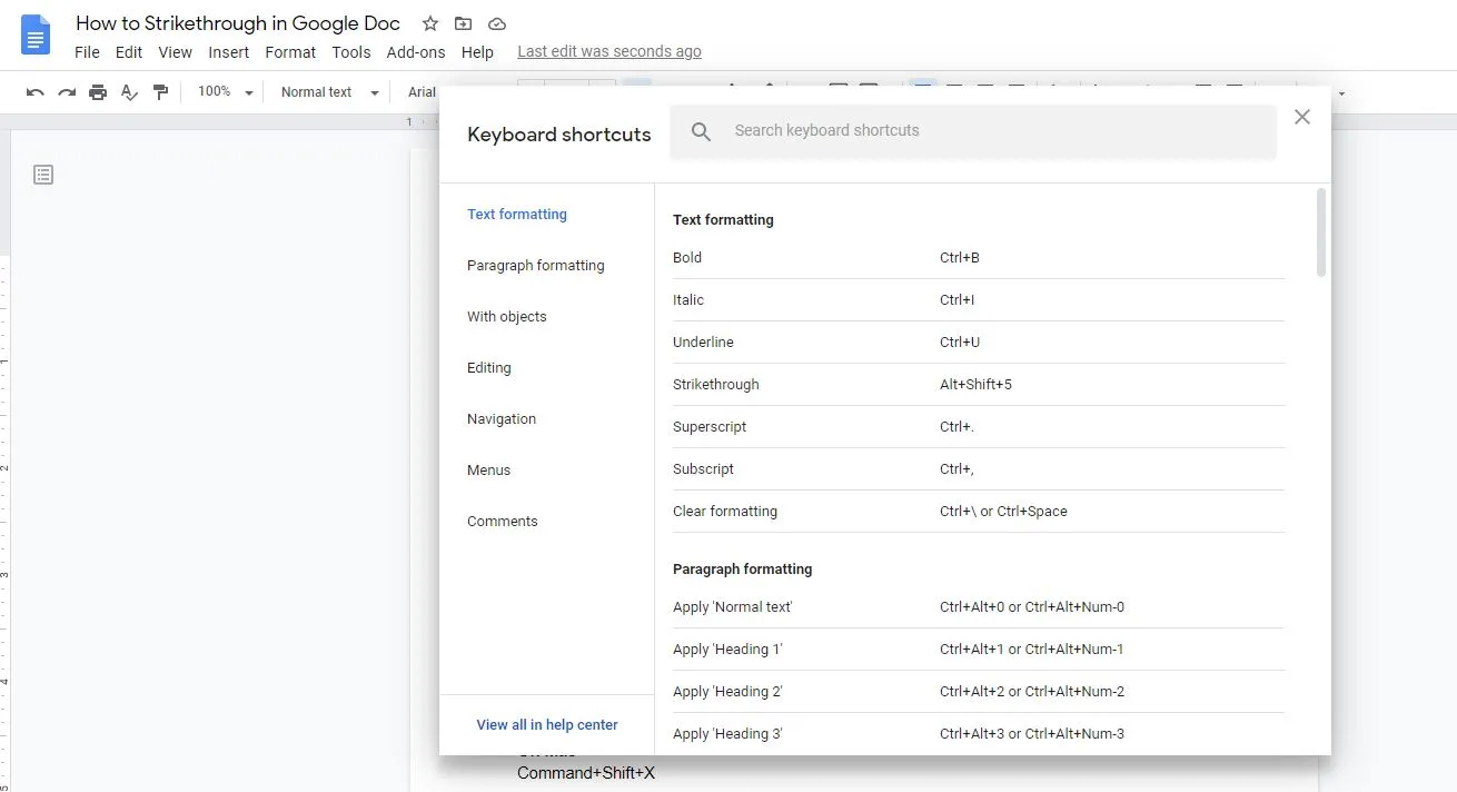 Google Docs keyboard shortcuts pop-up with search box