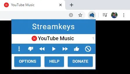 Streamkeys popup showing currently playing track and controls