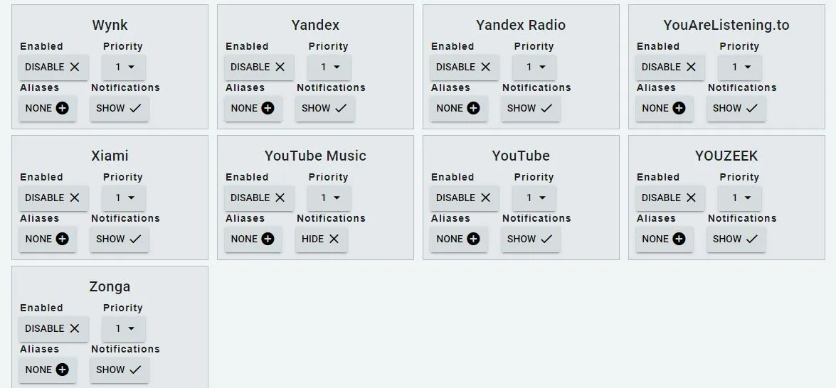 Streamkeys supported websites list with enable and disable toggles