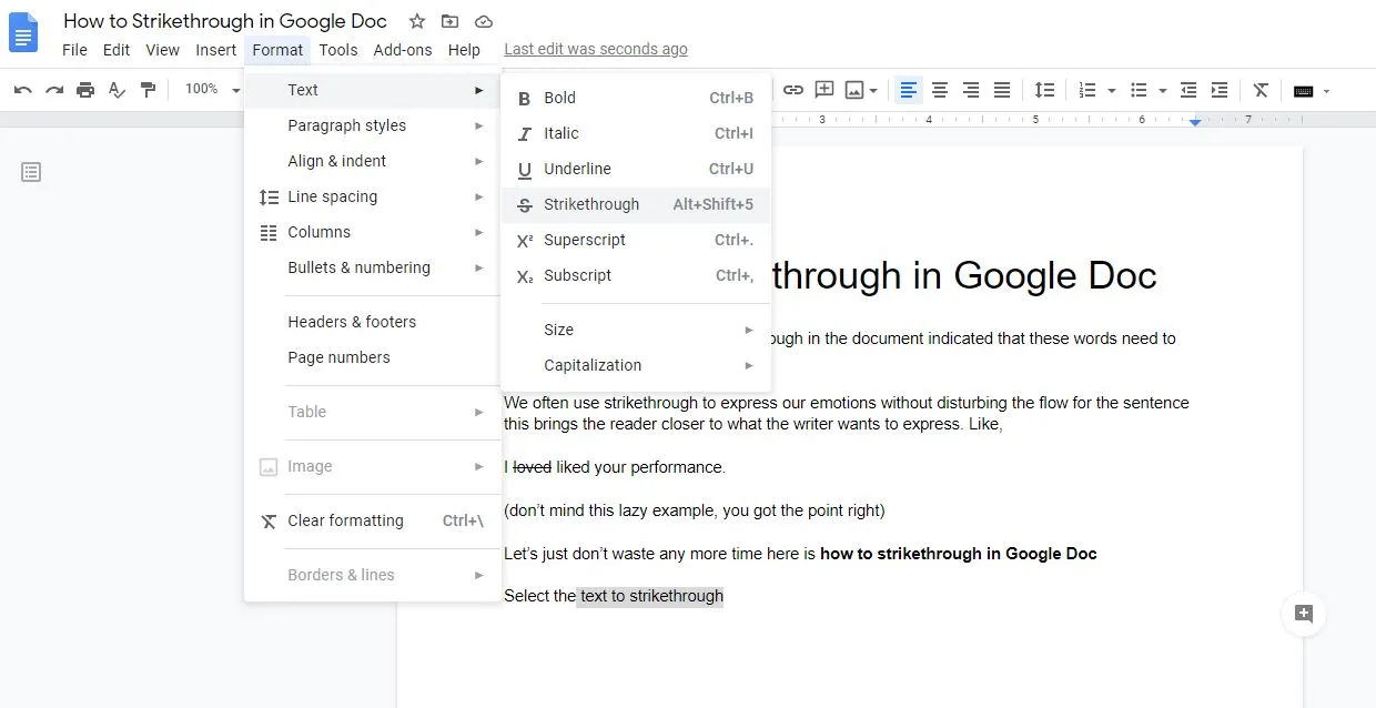 Selected text in Google Docs with strikethrough formatting applied