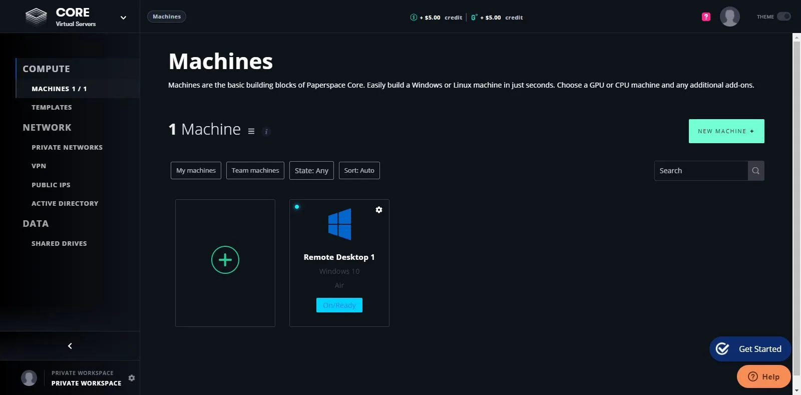 Paperspace console showing a running Windows machine ready to use
