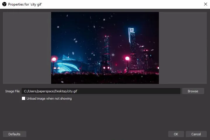 OBS image source properties with a GIF file selected as background