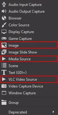 OBS scene source list with Image, Media, and VLC sources highlighted