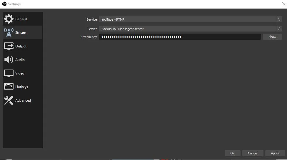 OBS stream settings with Backup YouTube ingest server selected