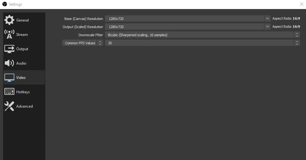 OBS video settings with resolution and 30 FPS configured