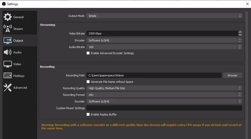 OBS output settings with software x264 encoder selected
