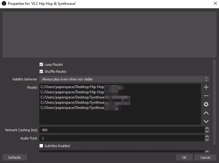 VLC video source settings with loop playlist and audio directory selected