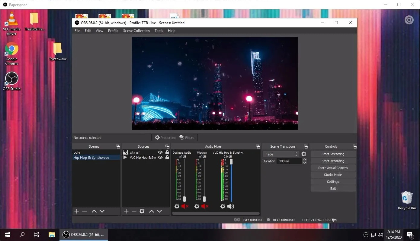 OBS main window with GIF background, audio mixer muted, ready to stream