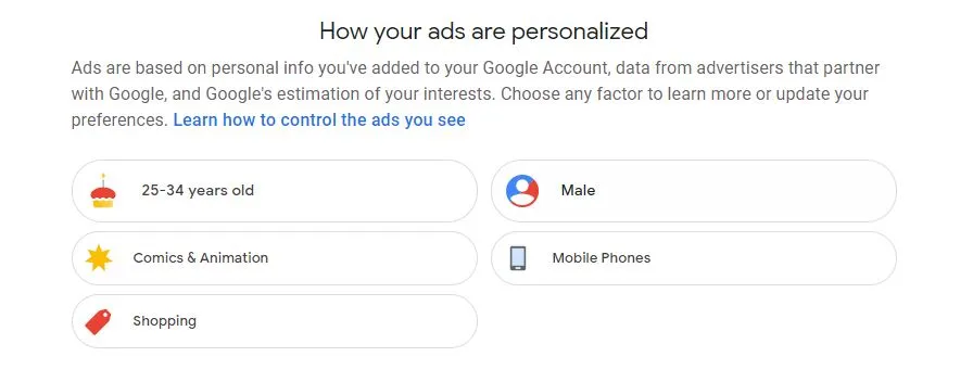 Google Ads settings page showing personalized ad profile categories
