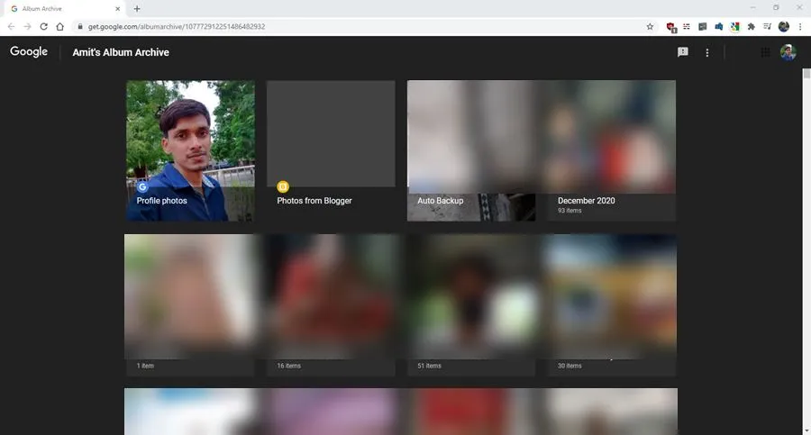 Google Album Archive listing photos from Blogger, Maps, and backups