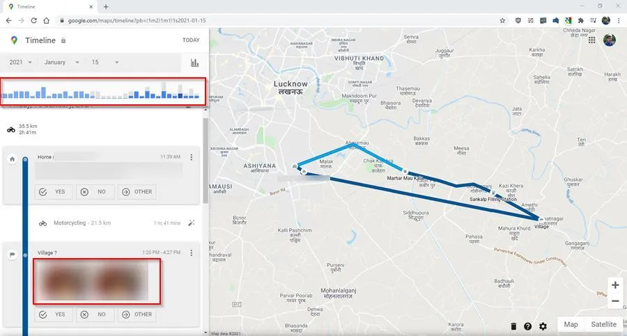 Day-by-day location history with route details and photos