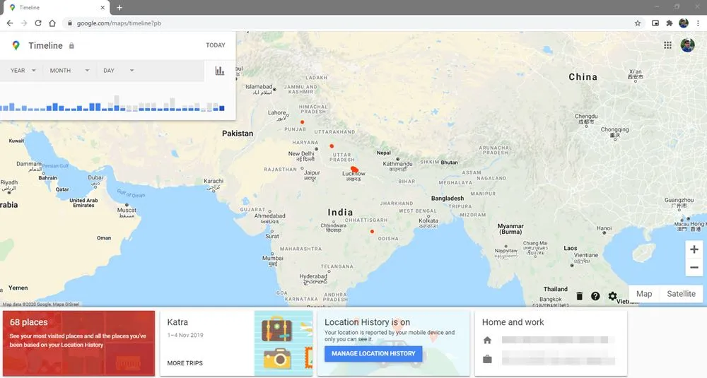 Google Maps timeline showing visited locations on a map