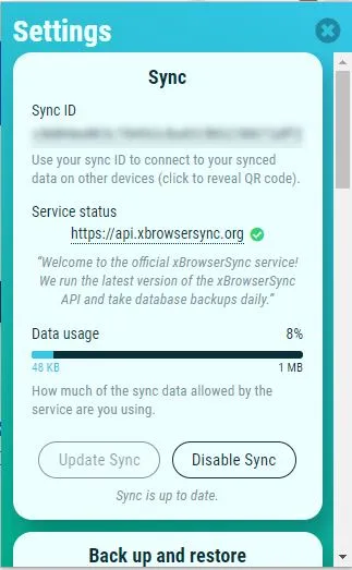 xBrowserSync settings page showing the sync ID to copy