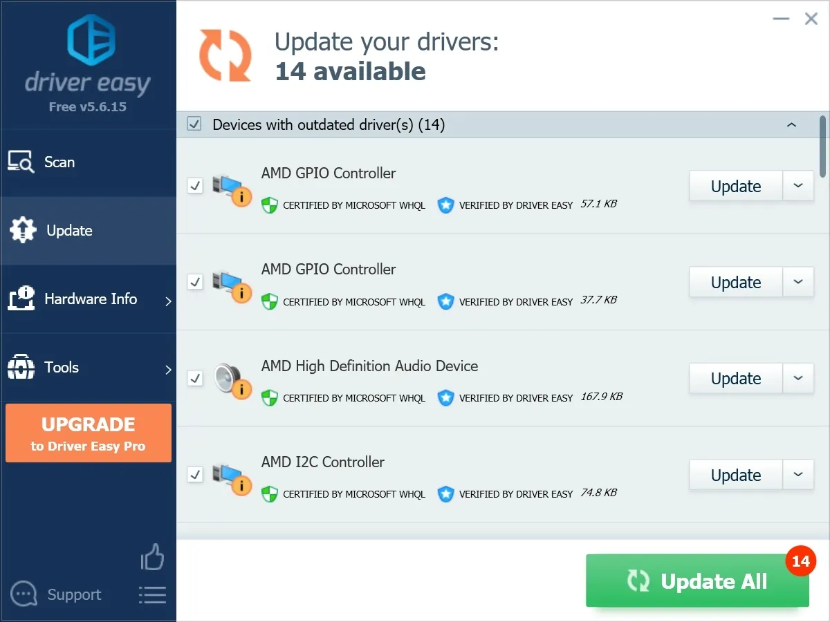 Driver Easy interface listing outdated drivers ready for update