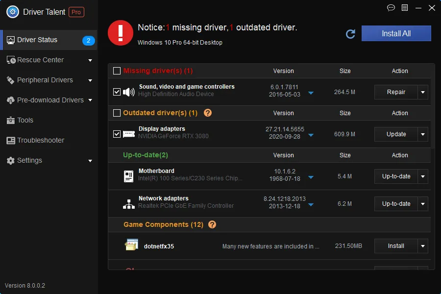 Driver Talent showing detected driver issues and update options