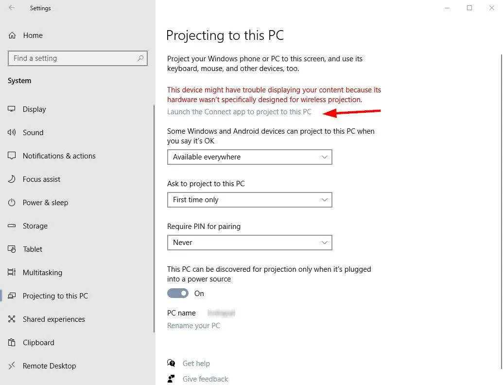 Projecting to this PC settings showing Wireless Display and Connect app options