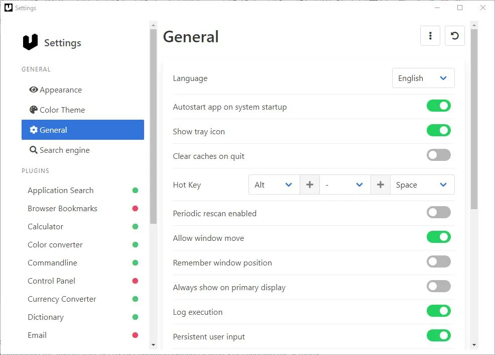 Ueli quick launcher settings and configuration panel