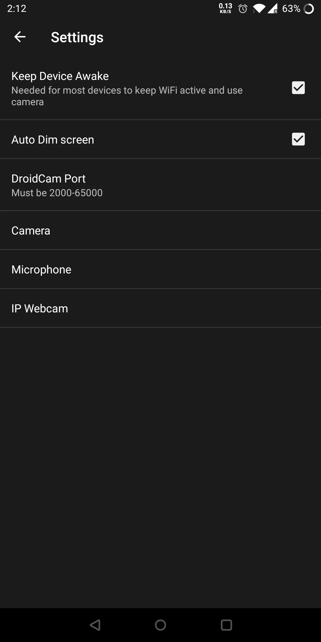 DroidCam Android settings with camera and audio options