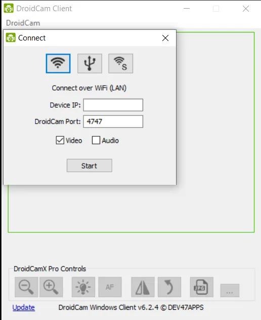 DroidCam Windows client with WiFi, USB, and server connection options
