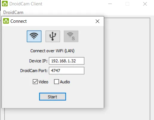Entering Android phone IP address into DroidCam Windows client