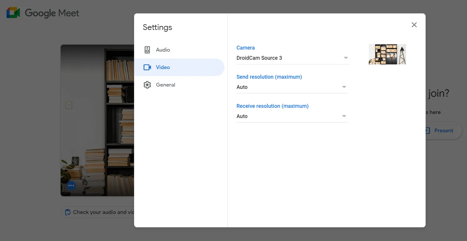 Google Meet video settings with DroidCam selected as camera source