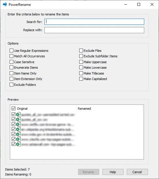 PowerToys PowerRename dialog with search and replace fields