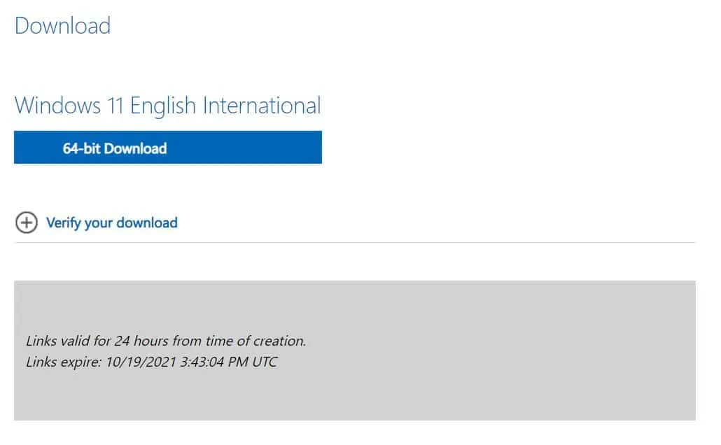 Windows 11 ISO 64-bit download button on the Microsoft page