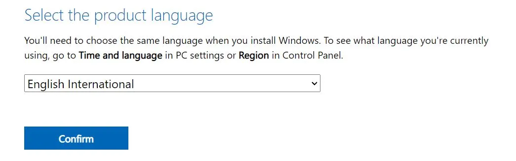Windows 11 ISO download page with language selection options
