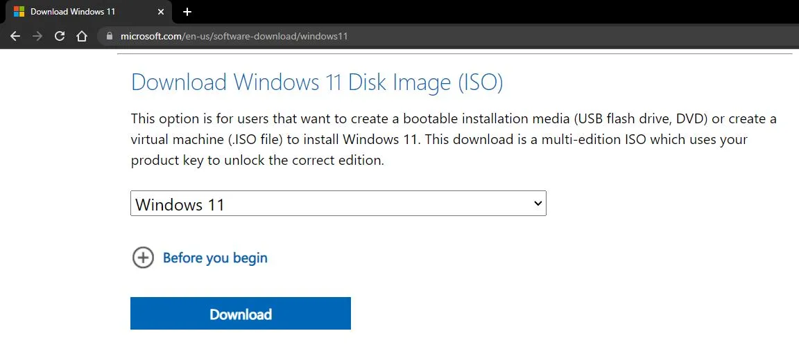 Windows 11 download page with Windows Edition selection drop-down