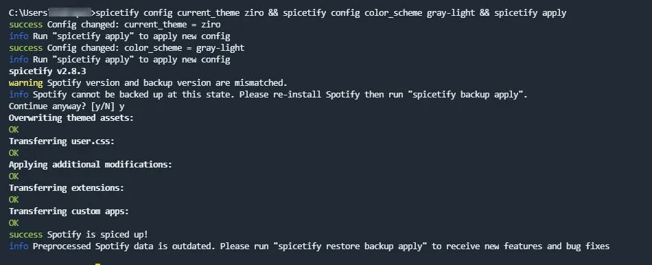 PowerShell terminal applying a Spicetify theme to Spotify