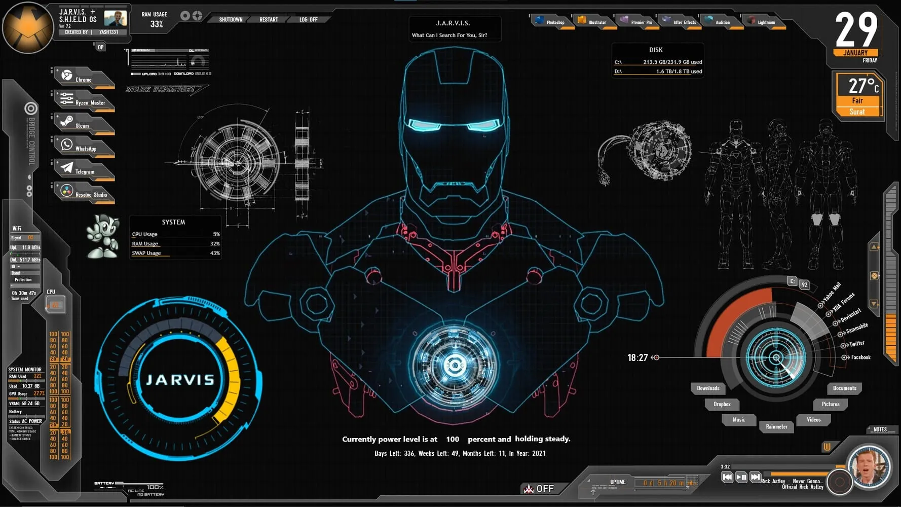JARVIS and SHIELD OS Rainmeter skin
