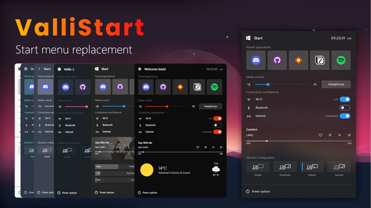 ValliStart Rainmeter skin styled as Windows 11 start menu