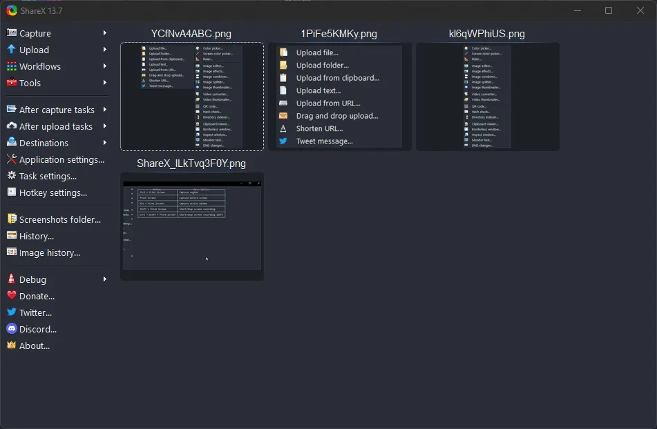 ShareX main window with capture and upload options