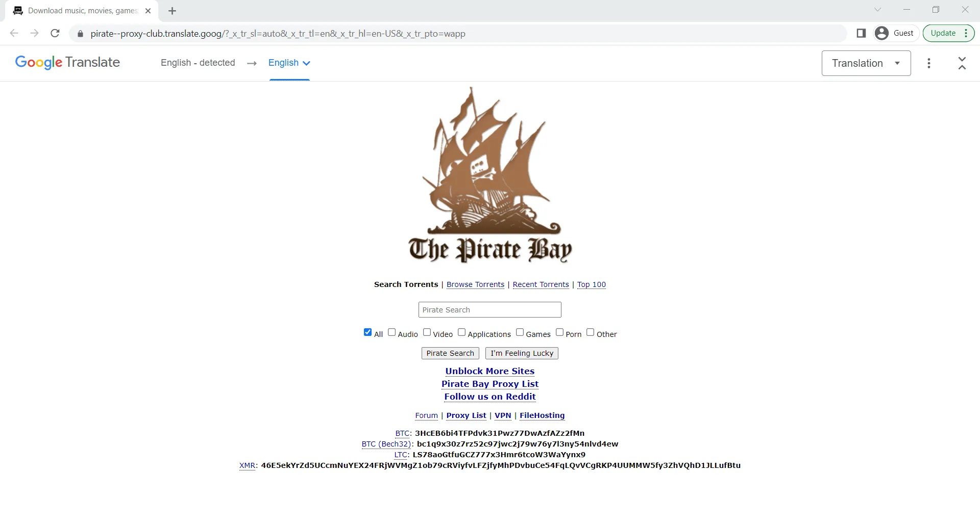 The Pirate Bay torrent site loaded through Google Translate proxy