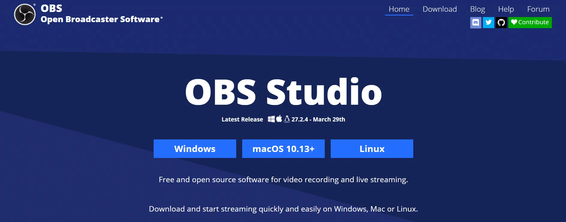 OBS Studio homepage showing the download options