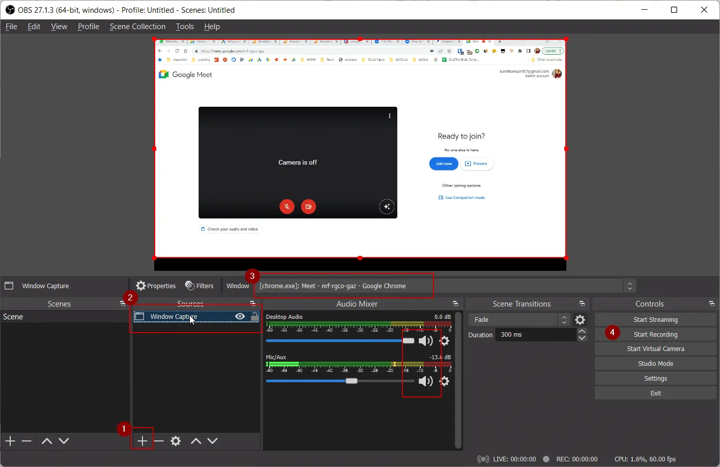OBS Studio recording a meeting window with highlighted audio controls