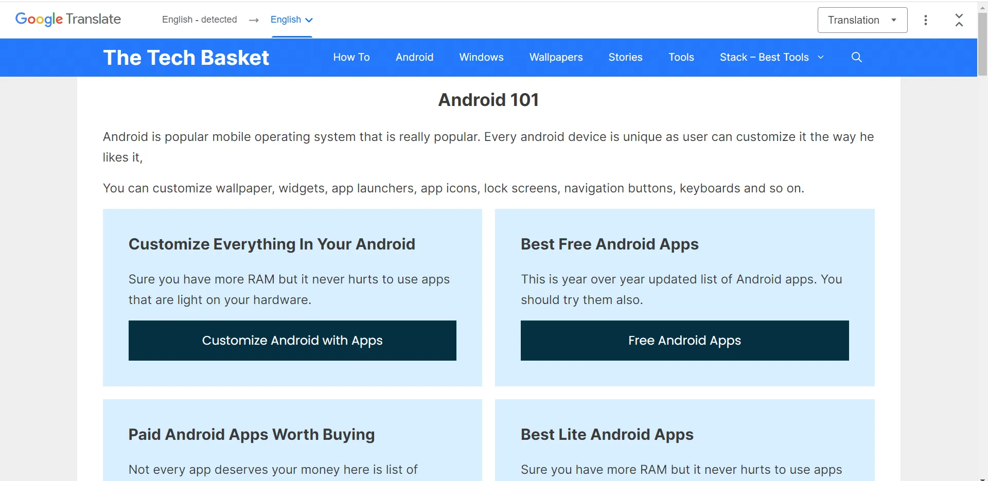 Website open inside the Google Translate frame