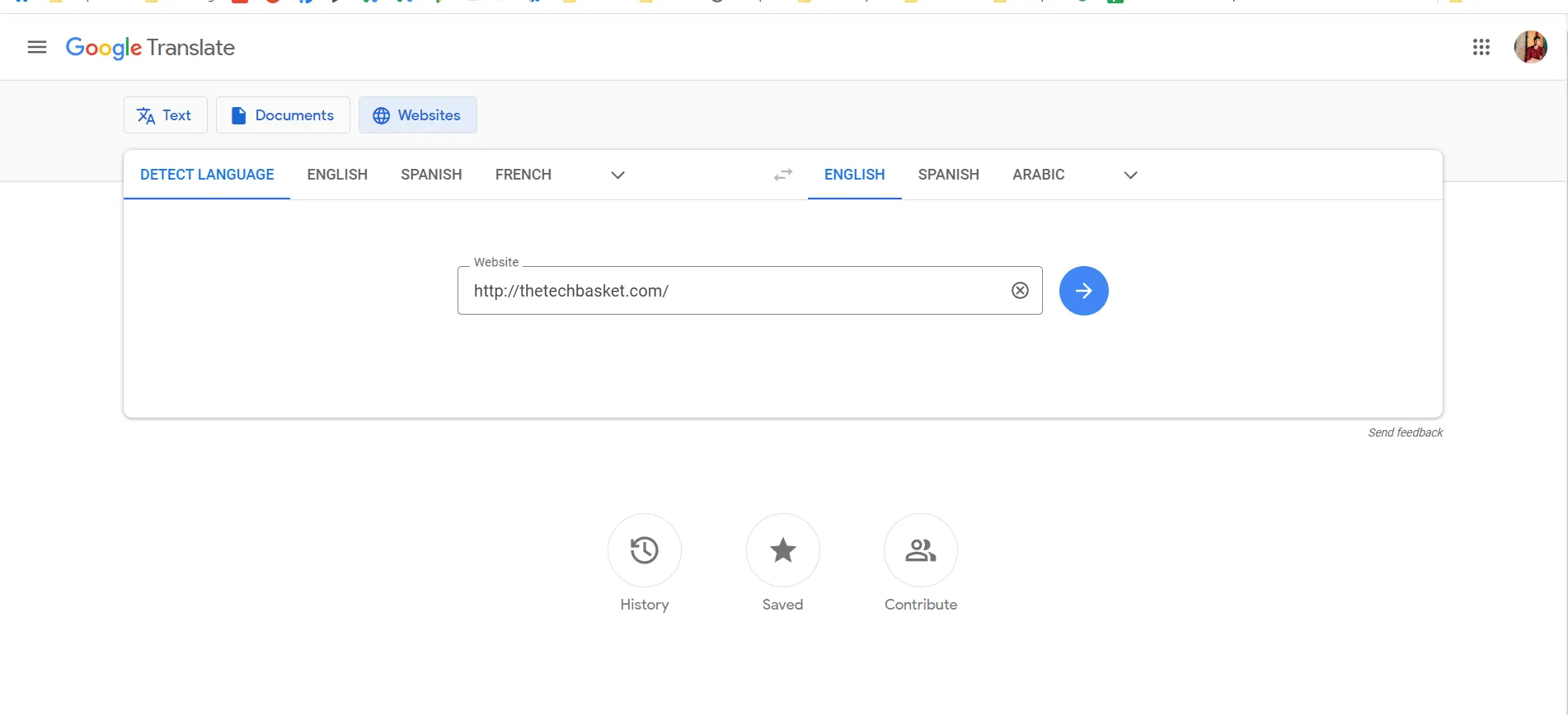 Google Translate website translator page with URL input field