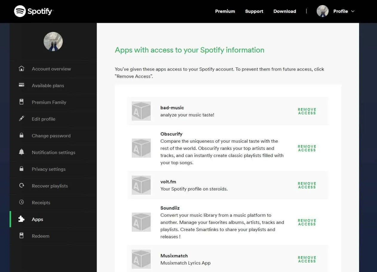 Spotify account apps page listing authorized third-party applications