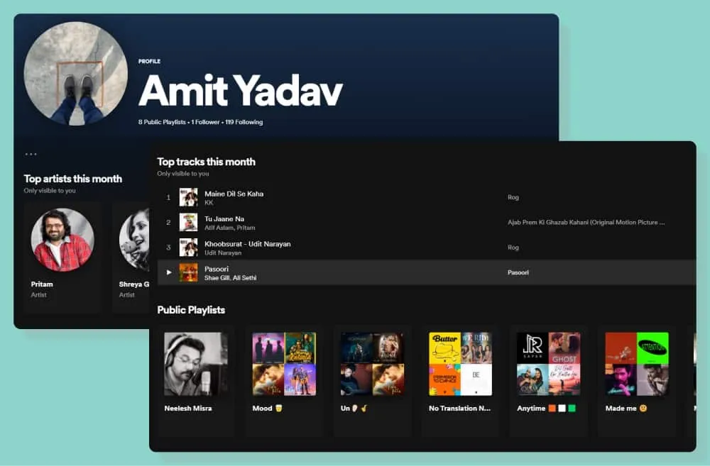 Spotify profile page with top artists and tracks