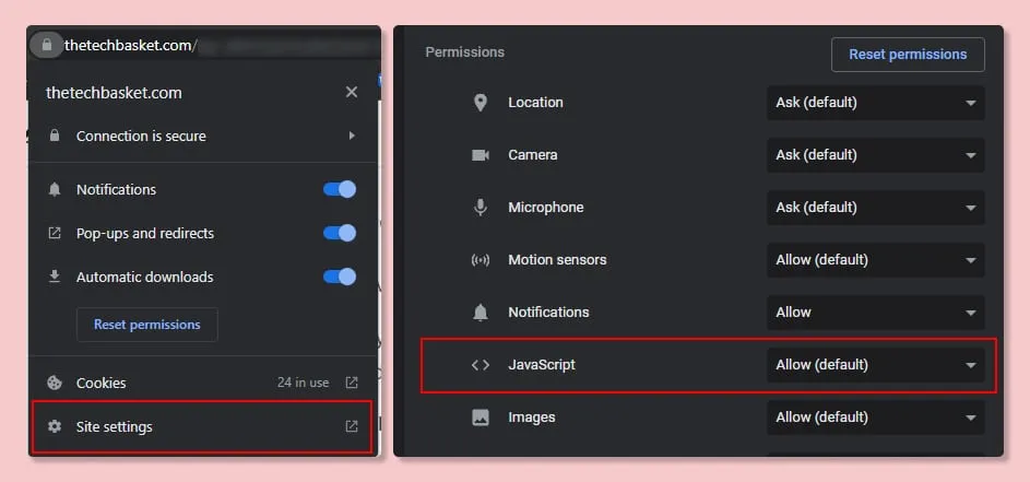 Chrome site settings showing JavaScript permission toggle
