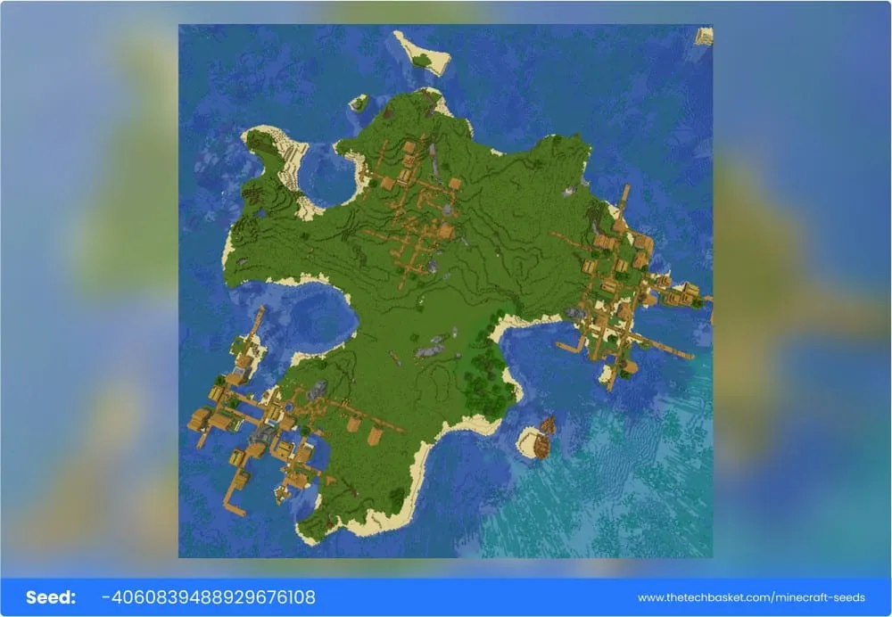 Survival island with three villages visible from spawn point