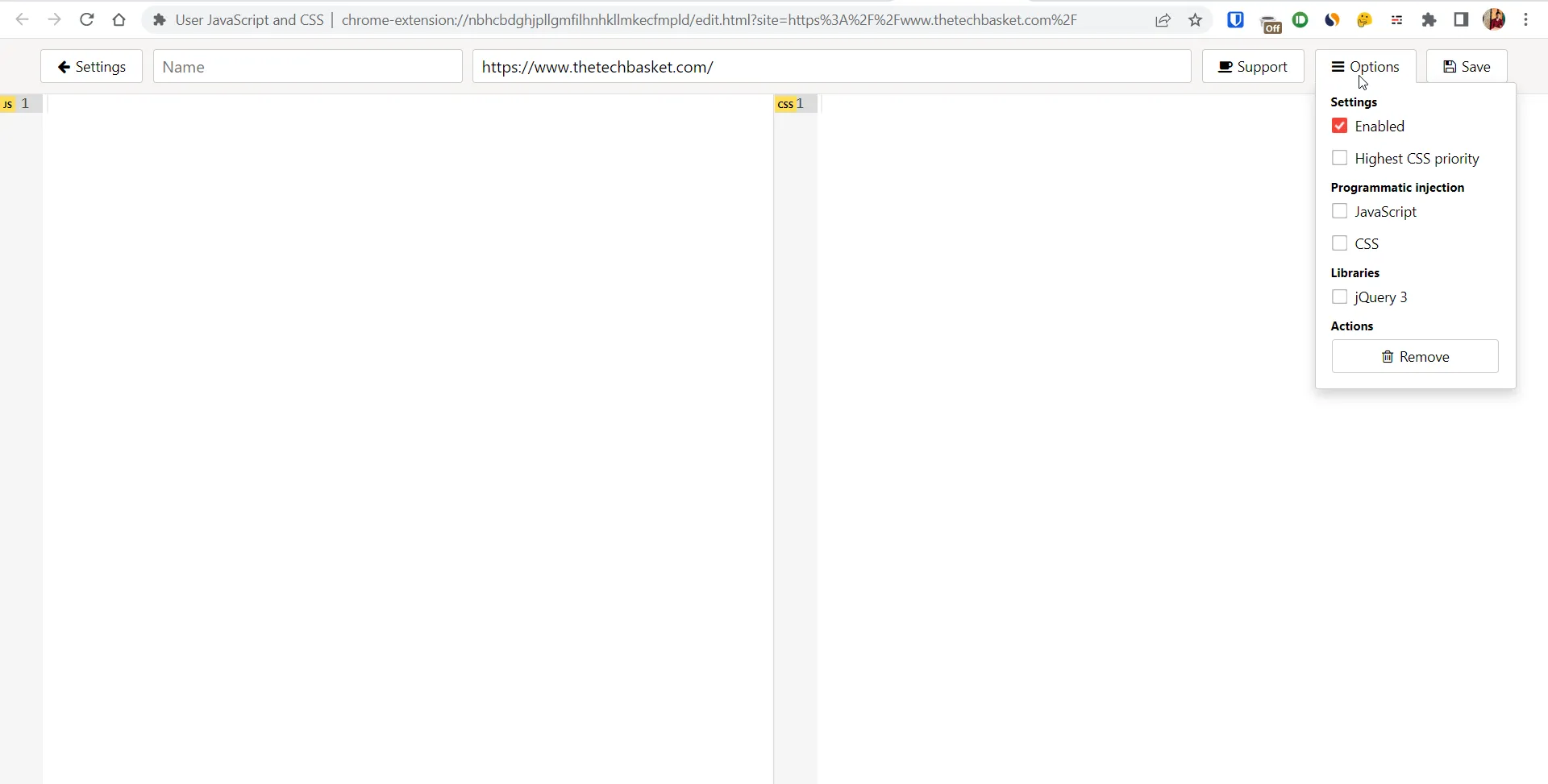 User JavaScript and CSS extension with code editor and URL rules