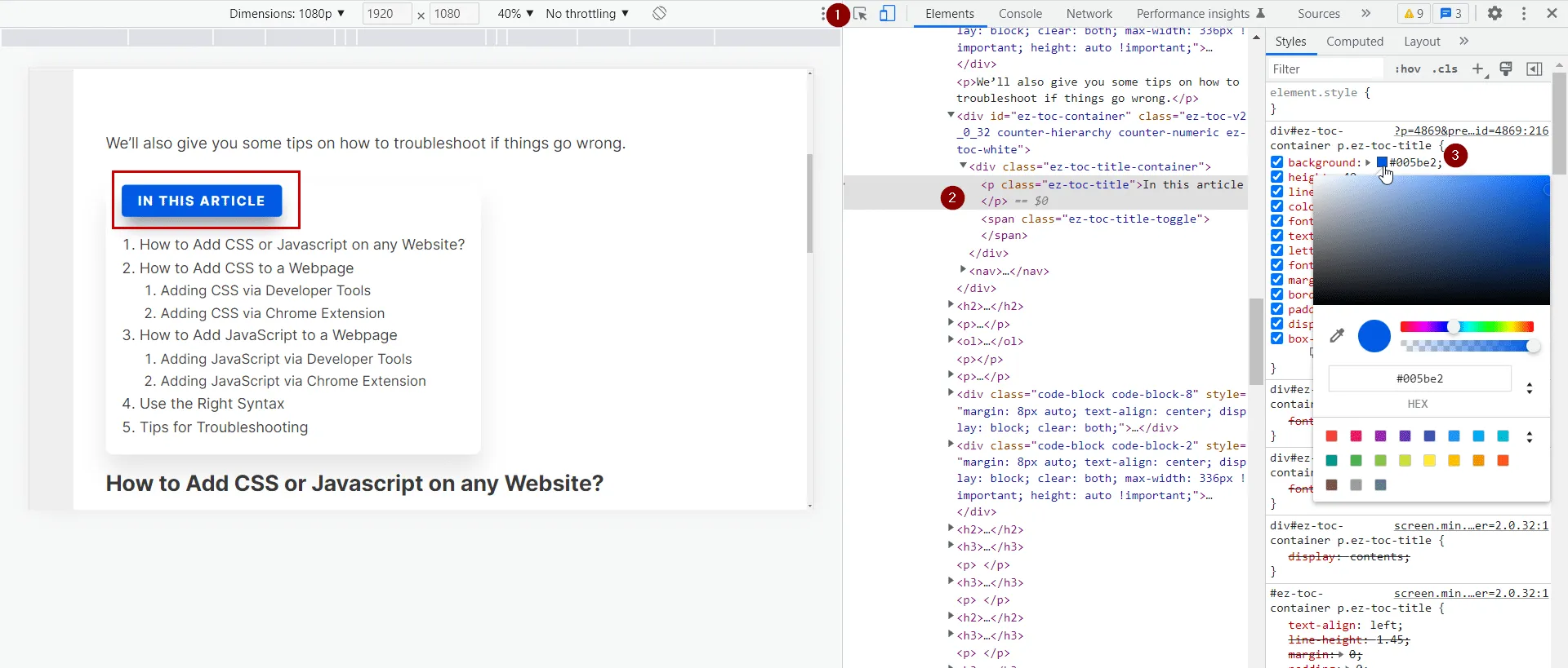 Chrome DevTools Elements panel editing CSS color property live