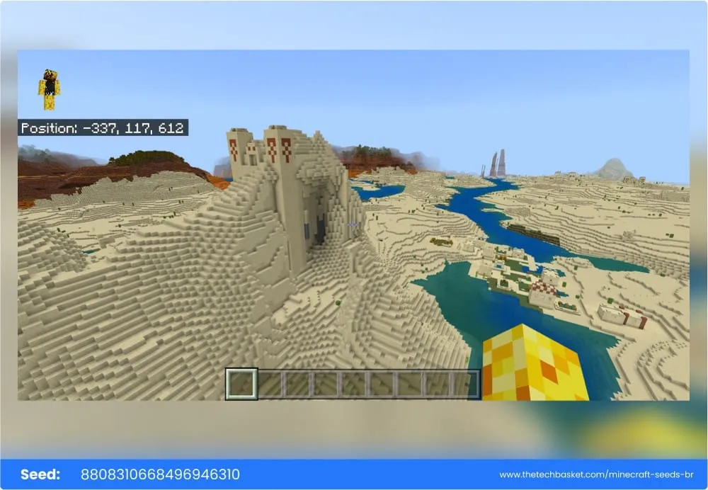 Desert temple perched on a hill with villages below